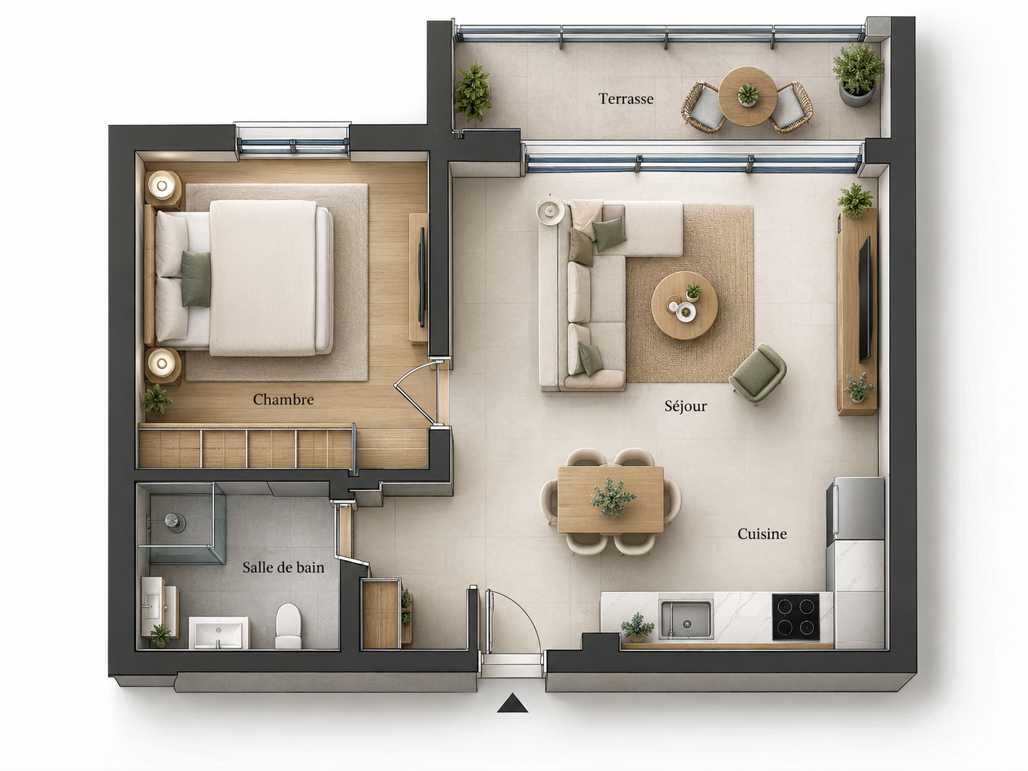 Plan 3D F2 en vue de dessus – exemple d’aménagement non officiel